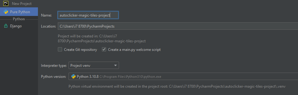 New python project in pycharm