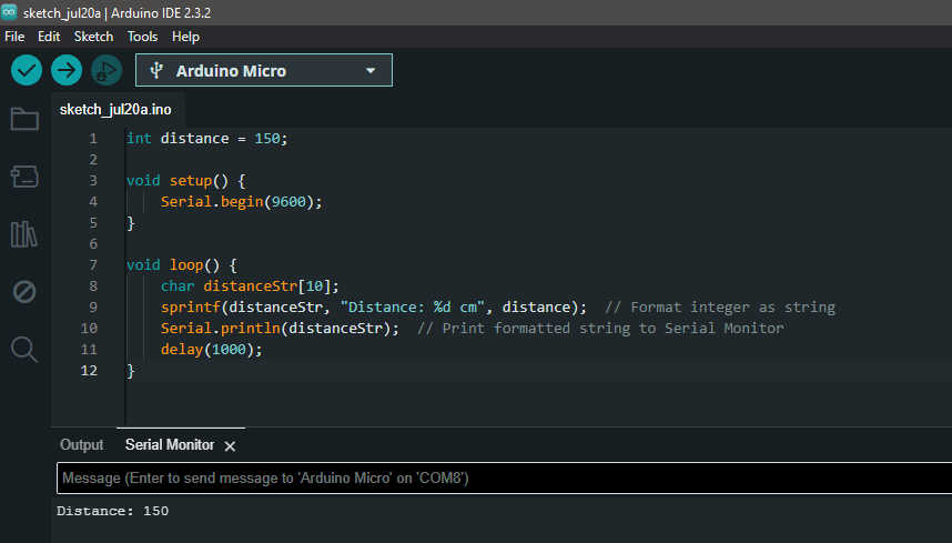 arduino int to string in - declaring the distance as int for 150 and in setup use the sprintf() function with serial channel to print the converted int to str