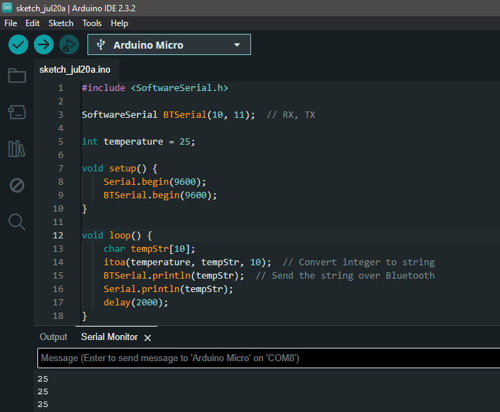 arduino int to string in - declaring the number as int tempeture and in setup use the itoa() function with blue tooth serial channel to print the converted int to str