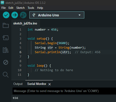 arduino int to string in - declaring the number as int for 456 and in setup use the String() function with a serial channel to print the converted int to str