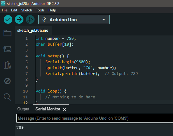 arduino int to string in - declaring the number as int for 789 and in setup use the sprintf() function with serial channel to print the converted int to str