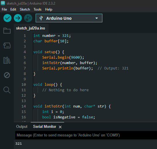 arduino int to string in - declaring the number as int for 321 and in setup use the a custom made intToStr function with serial channel to print the converted int to str